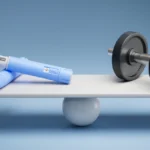 3D illustration of a balanced scale with a blue injection pen on one side and a black dumbbell on the other, symbolizing medical and fitness approaches to weight loss plans in Carrollton, TX.