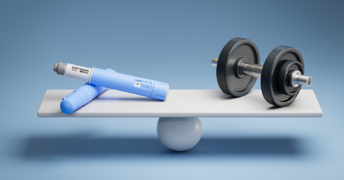 3D illustration of a balanced scale with a blue injection pen on one side and a black dumbbell on the other, symbolizing medical and fitness approaches to weight loss plans in Carrollton, TX.